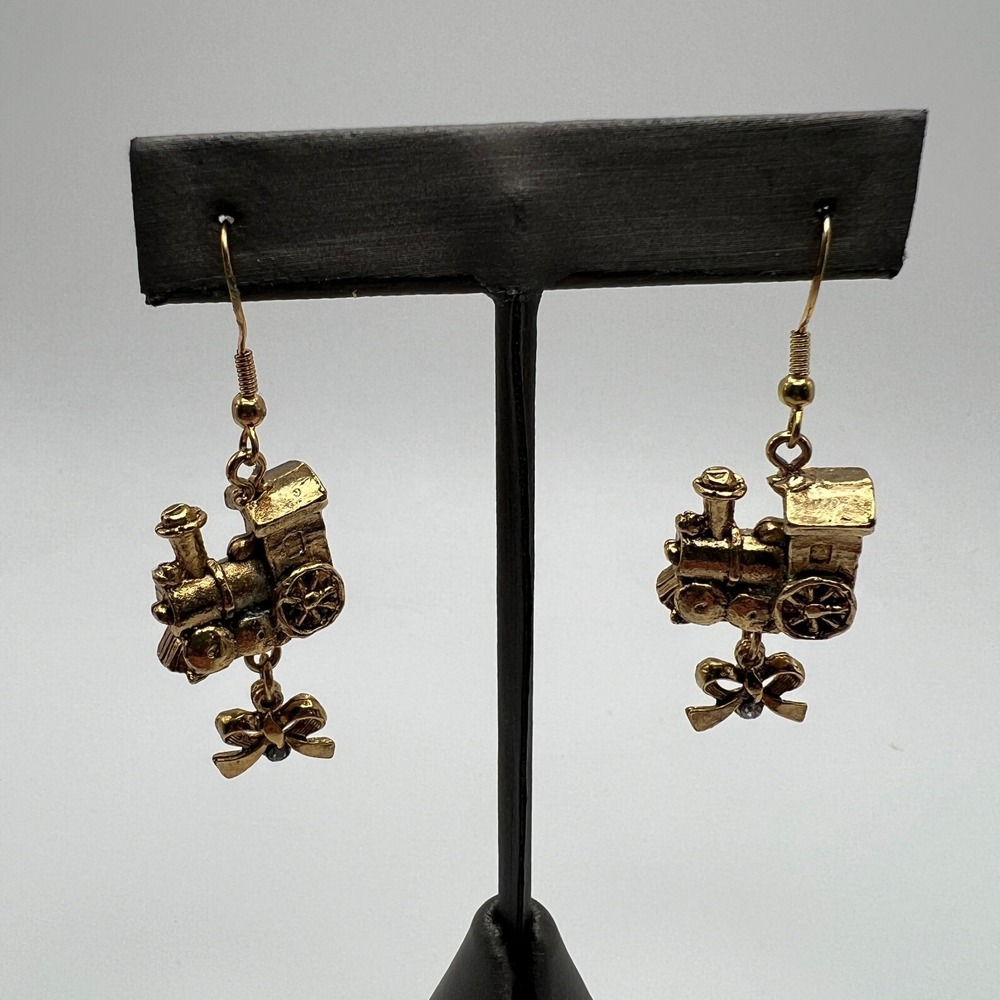 Vintage Train Wire Pierced Earrings Dangle Bow Gold Tone Holiday Christmas